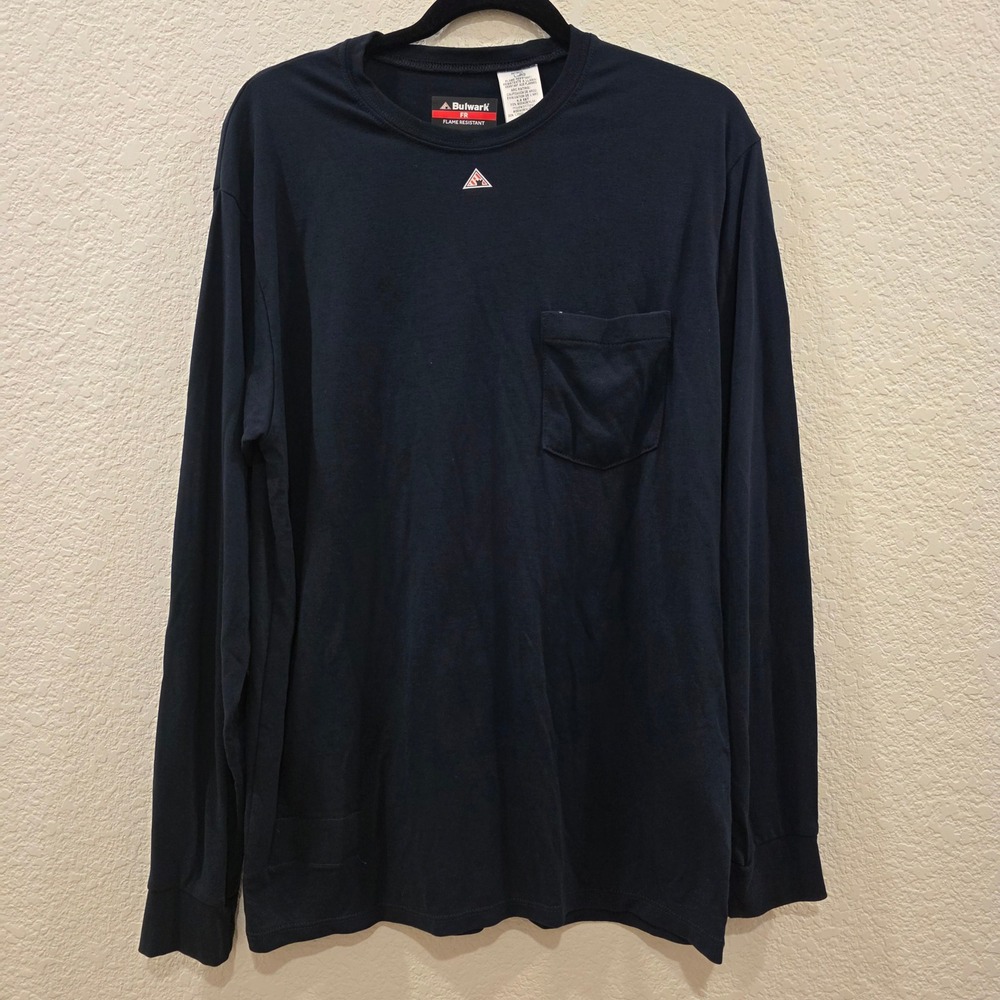 Bulwark FR Long Sleeve Pocket T-Shirt Large Mens Navy Blue Flame Resistant